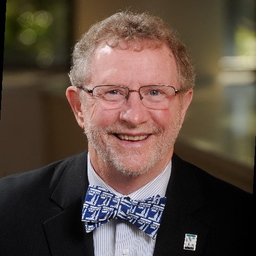 A headshot of a man with curly hair and glasses wearing a black suit, white pinstriped shirt, and a blue and white bow tie.